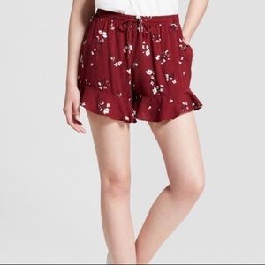 High-Waisted Maroon Floral Florey Shorts